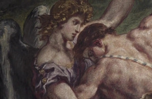 Peinture à l'encaustique représentant la lutte de Jacob et de l'Ange, oeuvre d'Eugène Delacroix. Eglise Saint-Sulpice à Paris.