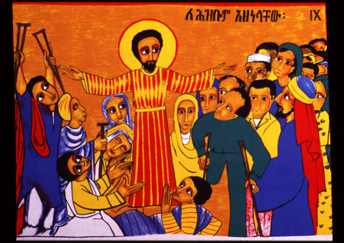 TOILE DE L'ACTION DE CAREME ,1978 (ETHIOPIE) - AVEC REPRESENTATIONS DE DIVERSES SCENES BIBLIQUES - D'APRES LES PEINTURES DE ALEMAYEHU BIZUNEH.